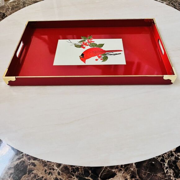 Vintage Otagiri Lacquerware Red Cardinal Berries Christmas Tray  w/Handles Japan - Picture 4 of 11